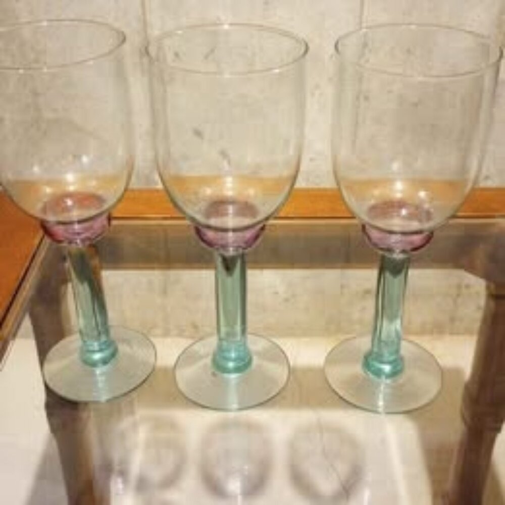 Set of 3 Pfaltzgraff Juniper Wine Glasses with Teal and Cranberry Colored Glass